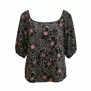 Venezia Black/White Floral Blouse with Red Accents – Cowl Neck – Size 18-20